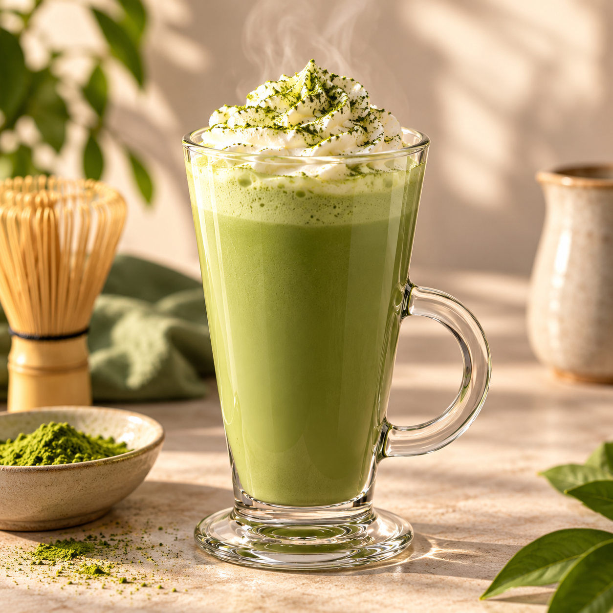 Horúce matcha latte so šľahačkou